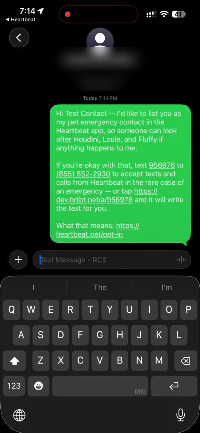 The same message in the account holder's own Messages app, sent from their own number.