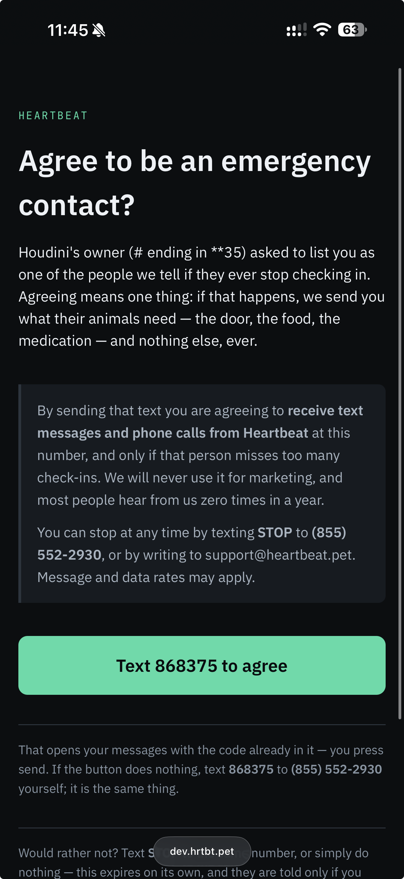 What the link opens on the contact's own phone: who asked, what agreeing covers, how to stop, and a button that writes the text for them to send.